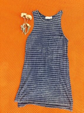 RD Style Blue Striped Acid Wash Tank Dress with Pocket - Small